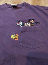 VTG 90s Looney Tunes Embroidered Pocket Tee Size M - Taz Daffy Tweety Sylvester