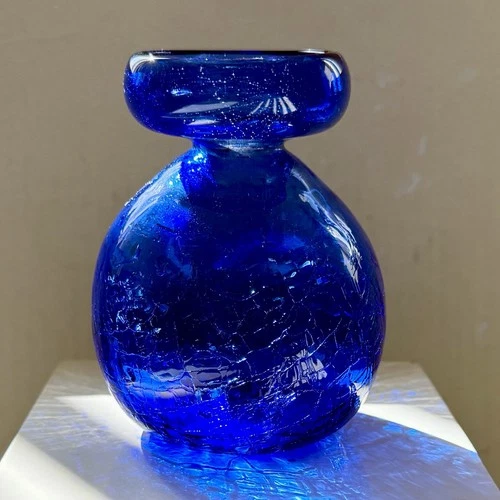 BLENKO COBALT BLUE VASE CRACKLE GLASS BULB FORCER 4.5" HTF