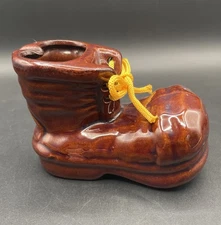 Vintage Brown Glazed Pottery Boot Shaped Ashtray Yellow Laces * Unique!