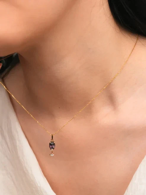 5ct Emerald Cut Simulated Purple Amethyst/CZ Wine Glass Pendant  14k Gold Plated - Image 4 of 4