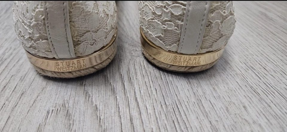 Stuart Weitzman Meshuga Floral Encaje Alpargata Plana Sin Cordones Beige US7 Foto 3 de 4
