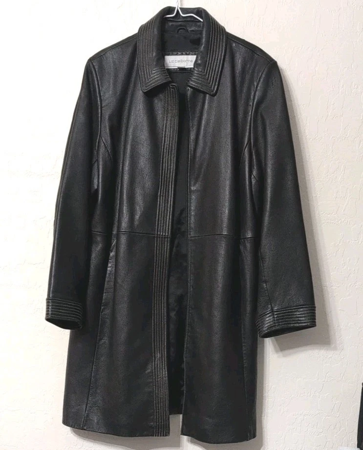 Abrigo de cuero negro para mujer Liz Claiborne punto blanco cremallera forrado frontal talla XL Foto 2 de 4