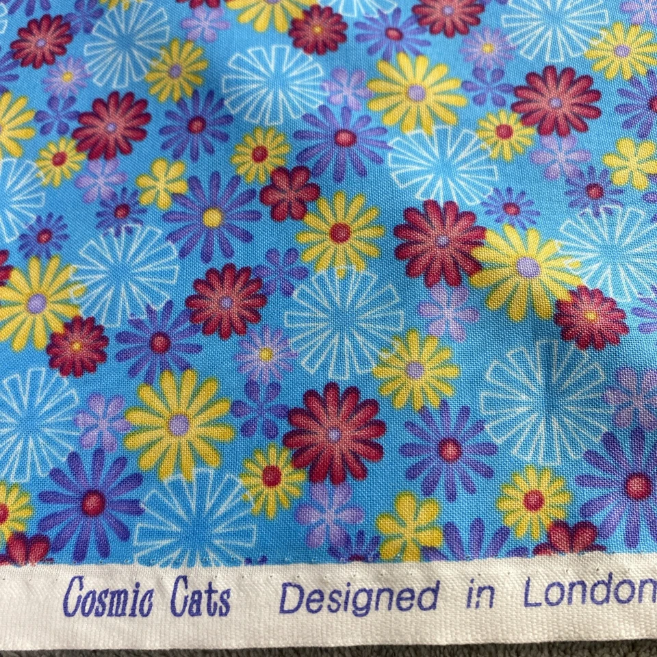 Moda Fabrics Cosmic Cats Floral Blue Cotton Flower Power Quilting 70s Starburst - Image 3 of 4