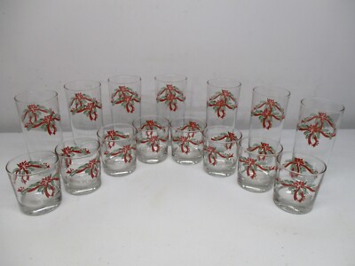 Vtg Anchor Hocking Poinsettia & Ribbons 7 Iced Tea Glasses- 8 Rocks Glasses 15pc