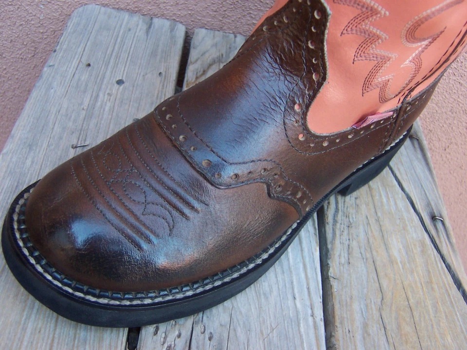 Botas vaqueras JUSTIN para mujer marrón naranja cuero silla vampiro talla 9B Foto 3 de 4