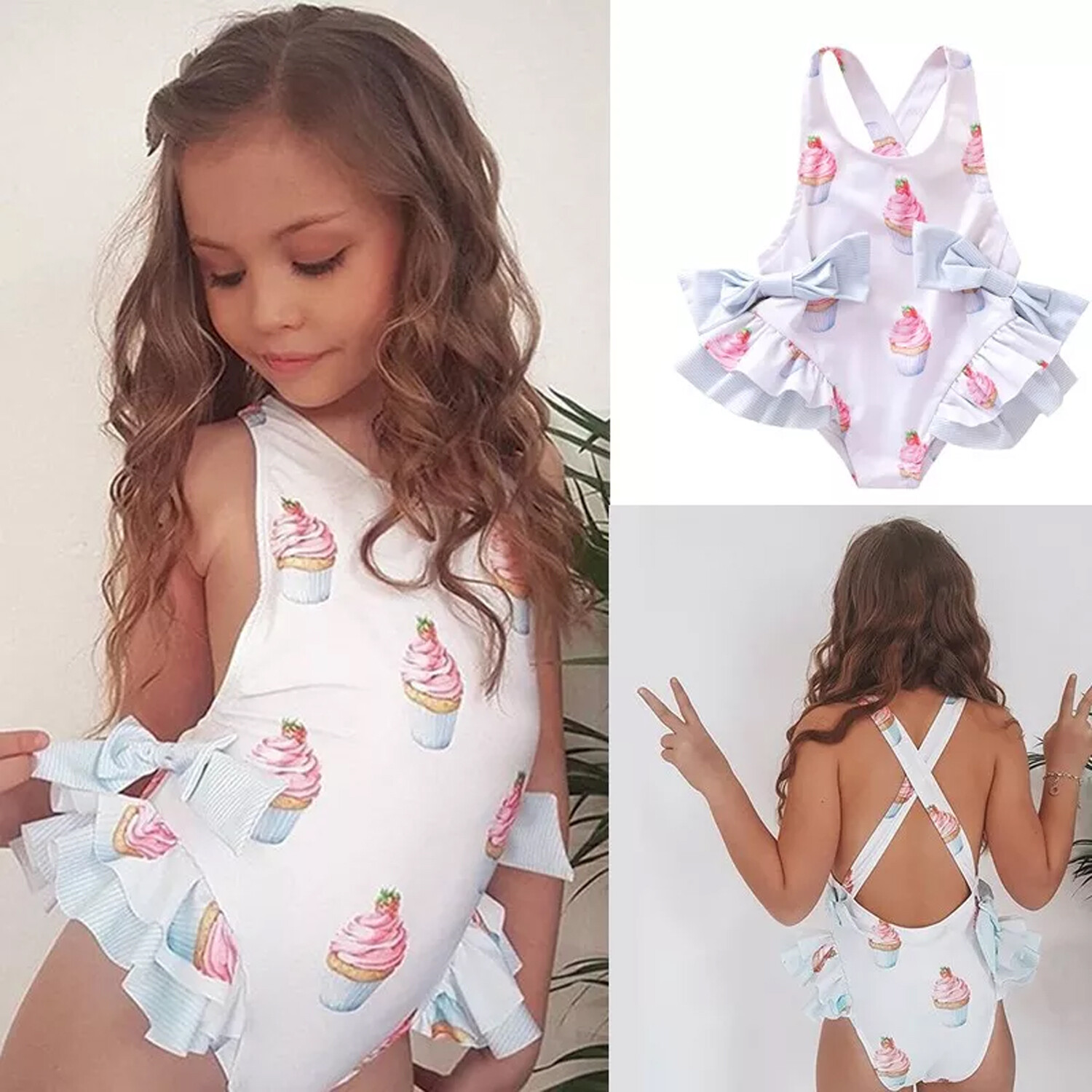Baby Kids Girls Ice Cream Print Bow Backless One Piece Swimwear