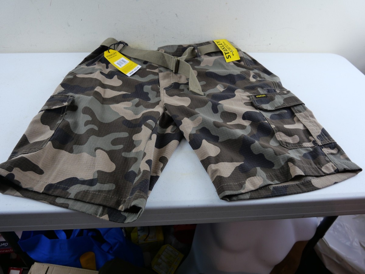 STANLEY Men's 36 Stretch Camo Rip-Stop Pocket Cargo Shorts, Belt NEW $55