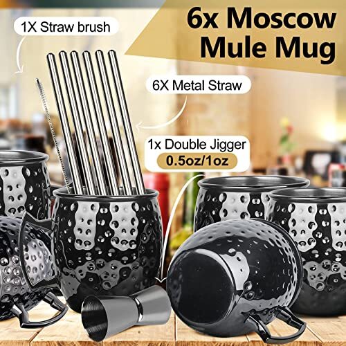 Moscow Mule Mugs Set of 6 Gunmetal Black Plated 18oz Stainless Steel