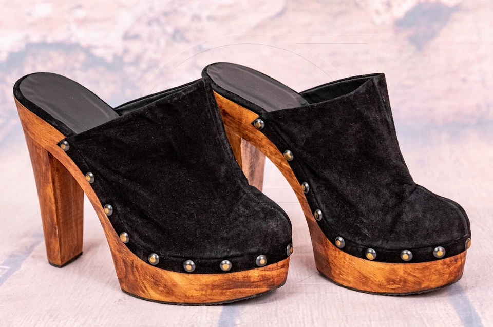 Hochwertige handgefertigte High-Heel-Clogs mit echter Holzsohle und Wildleder - Bild 3 von 4