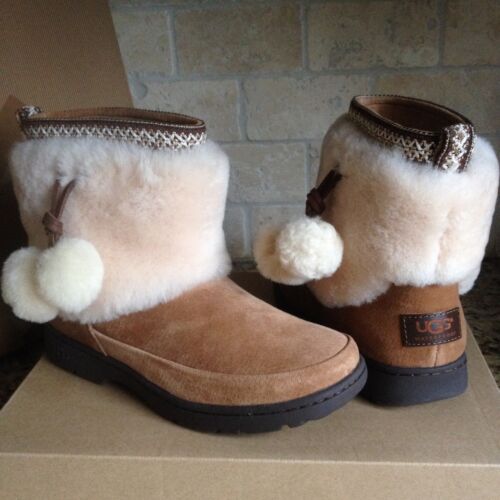 UGG Brie Chestnut Waterproof Suede Fur Cuff PomPom Mini Boots Size US 11 Women - Picture 1 of 7