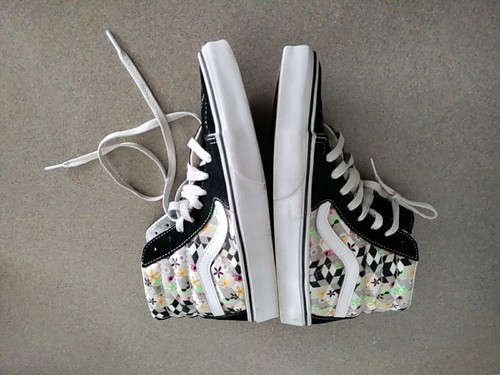 Vans Men's Sk8-Hi Checker Cube Black True White Striped Skate shoes Sz 8 Floral - Picture 14 of 14