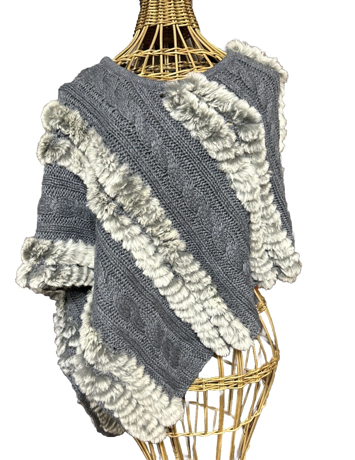 Adrienne Landau Shawl Poncho Real Fur Sweater Gray S Asymmetrical Soft Rare!