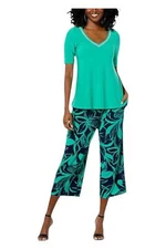 Nina Leonard 2-piece Embellished Tunic&Printed Culotte Pant Set Green