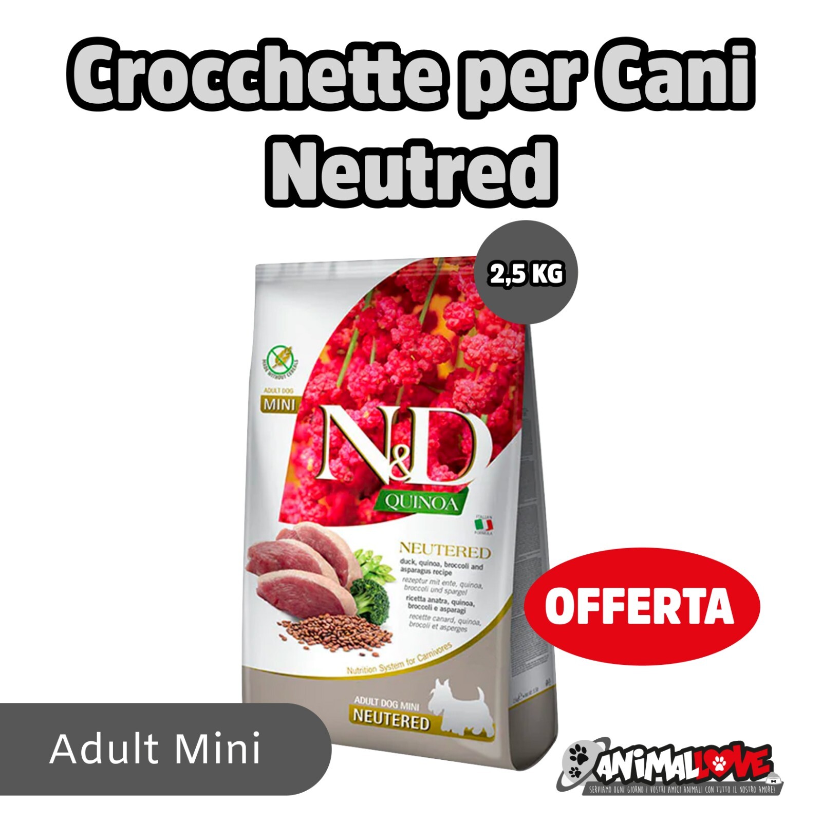 Crocchette per Cani Farmina N&D Quinoa Adult Mini Neutered con Anatra e Broccoli