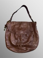 Vtg Y2K Fossil Maddox Distressed Dk Brwn Long Live Vintage Leather Flap Hobo EUC