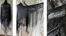 VTG CEJON MANTILLA SHAWL FRINGED SCARF WRAP CROCHET FLORAL LACE BLACK 87" EUC