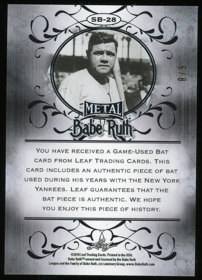2019 Leaf Metal Babe Ruth Game Used Bat Relic Memorabilia Card 6/8 SB28 - Image 2 of 2