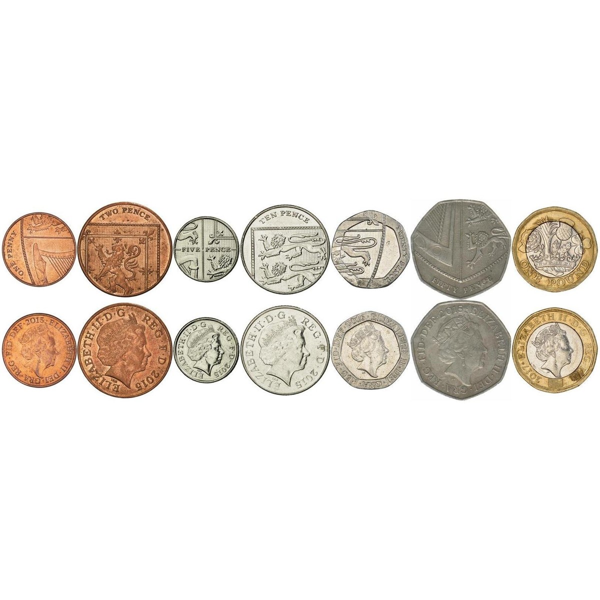 United Kingdom | 7 Coin Set | 1 Penny 2 5 10 20 50 Pence 1 Pound