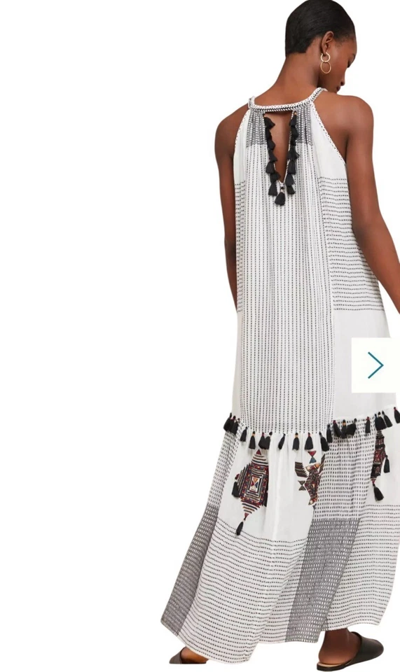 Maeve Anthropologie Puebla Tassel Maxi Dress Size L Mixed Media Boho Black White - Image 3 of 4