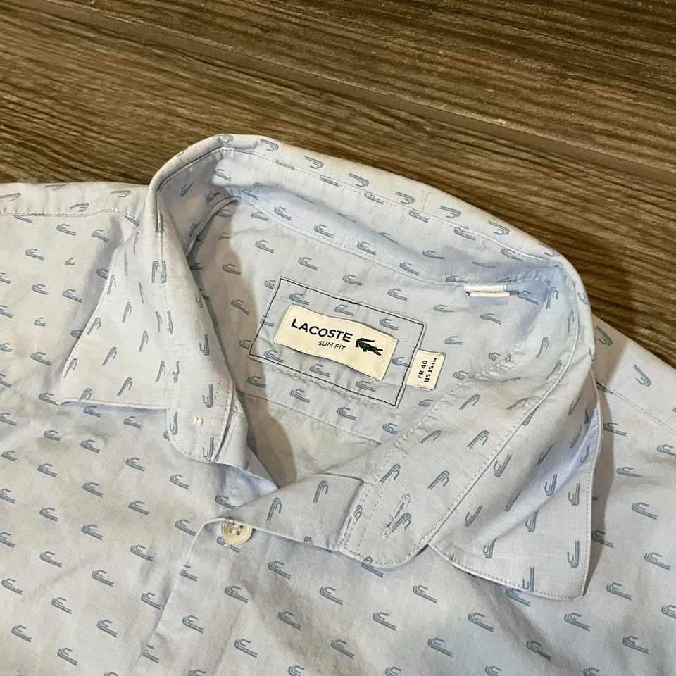 Camisa Lacoste Para Hombres 40 Grande Calce Ajustado Azul Claro Manga Larga Camisa Abotonada Foto 3 de 4