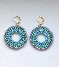 Blue Beaded Hoops Earrings Czech Glass Seed Beads Gold Tone Pierced Lightweight