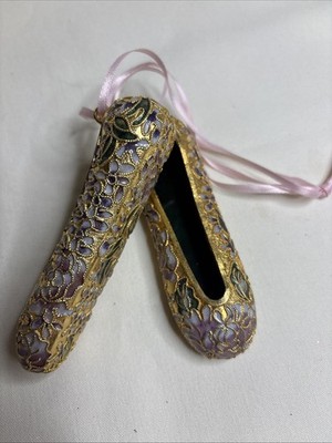 Cloisonne Ballet Slippers Pair of 2 Ornaments Gilded Porcelain Floral 4 