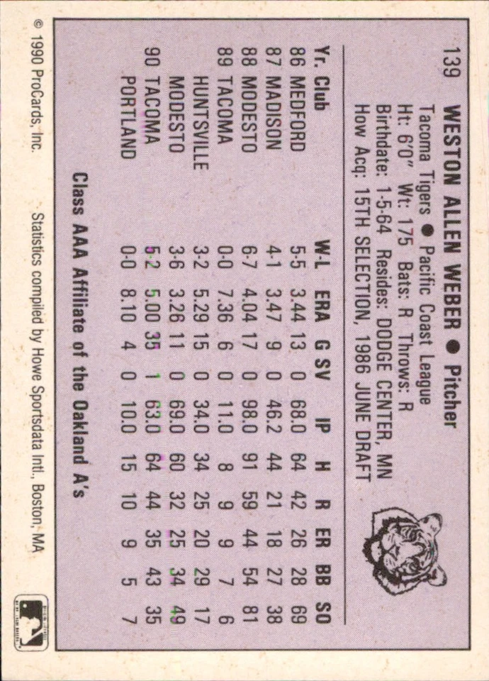 Wes Weber 1990 ProCards #92 RC Tacoma Tigers FREE SHIPPING AutographDen - Image 2 of 2