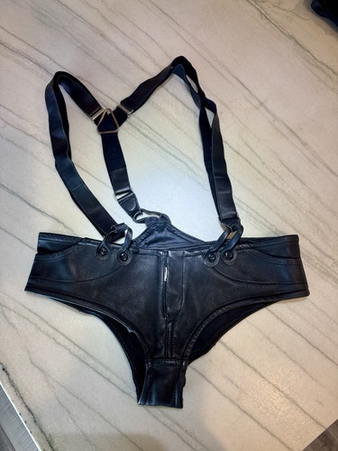 RARE Vintage Agent Provocateur Black Leather Suspender Mini Shorts Addison Rae