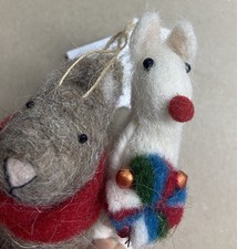 Felted Mouse Mice Ornament Lot of 2 Brown and White Christmas Ornament