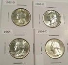 LOT OF 4 BU WASHINGTON QUARTERS 1962-D 1963-D 1964 1964-D 0.7233 oz SILVER 25c