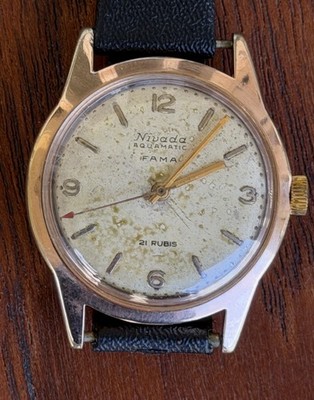 Tropical! Croton Nivada Grenchen Aquamatic Swiss Watch double signed dial fama 
