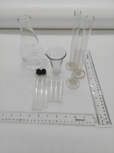 11 TEST TUBEs, BEAKER, cylinder science laboratory vintage new glass & plastic
