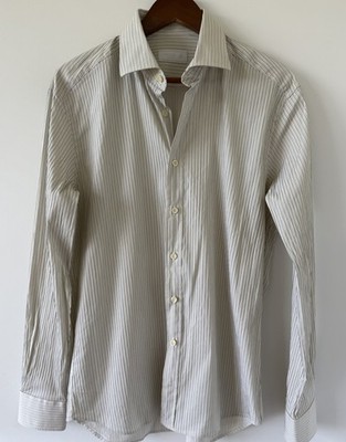 VINTAGE 90s Prada Men s Cream Brown Striped Italian Buttondown Shirt 