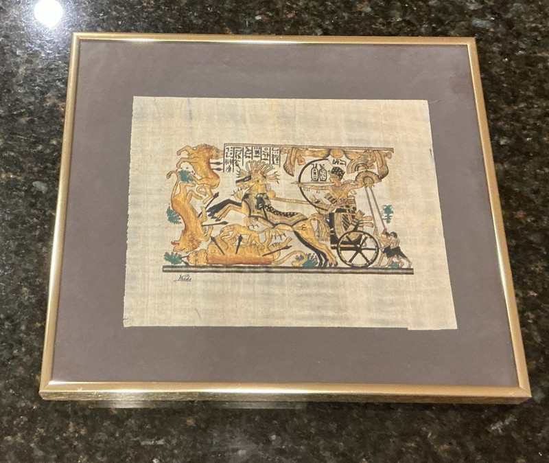 Hand Painted Egyptian Hunting Scene On Papyrus Signed By Mohammed Khedr Framed