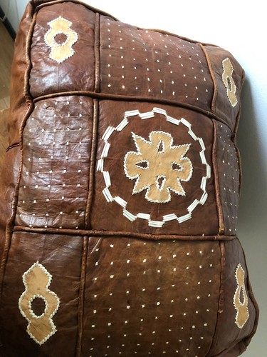 Vintage Moroccan Style Leather Pouf Ottoman Garden Patio - Picture 4 of 10