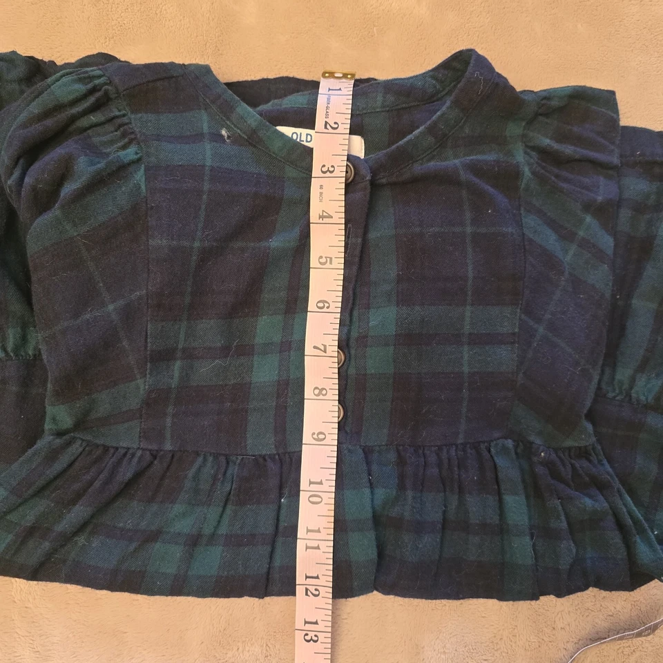 Old Navy Girl's  Long Puff Sleeve Button Plaid Swing Dress Green & Navy Sz S 6-7 - Image 4 of 4