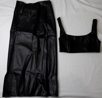 NEW, Women s MICAS Black Faux Leather Cami Top & Slit Midi Skirt Set (S)