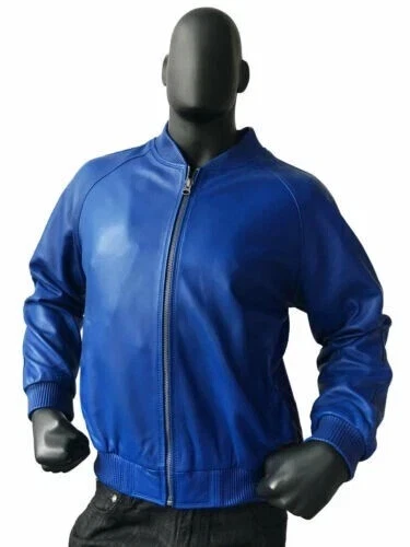 New Men's Blue Bomber Styling Soft Sheepskin Leather Jacket Elastic Waist