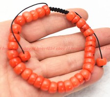 Genuine Natural 6x10mm Orange Coral Gemstone Rondelle Beads Braid Bracelet 7.5"