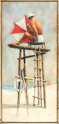 Nantucket Orig Oil Philip Hicken (Amer. 1910-1985) Lifeguard, Madaket 36 x 16''