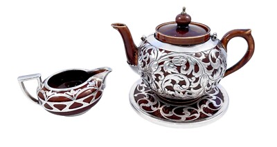 Antike Jugendstil Lenox braune Teekanne, Ständer, Milchkännchen; Sterling Silber Überfang