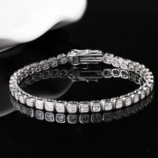 3mm Asscher Cut Real Moissanite Bezel Tennis Chain Bracelet 925 Sterling Silver