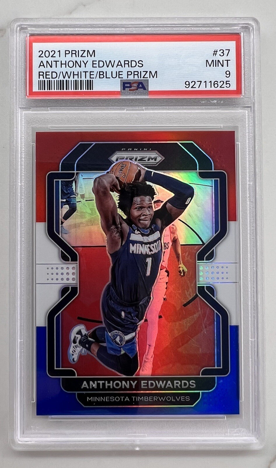ANTHONY EDWARDS PSA 9 2021 PANINI PRIZM #37 RED WHITE BLUE PRIZM TIMBERWOLVES
