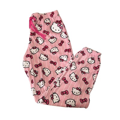 HELLO KITTY  SANRIO Pajama Pants Pink Bowl Sleepwear Pink White Lines Sz XL