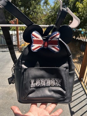 Disney Minnie Mouse London Mini Backpack Black Union Jack Bow Keychain