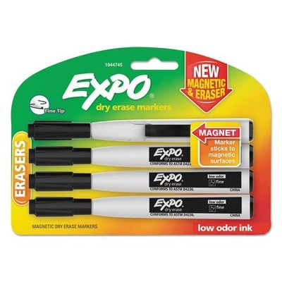 Expo 1944745 Magnetic Dry Erase Marker, Fine Bullet Tip, Black, 4/Pack