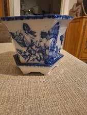 Vintage Ironstone Staffordshire England Blue White Jardiniere Planter Bowl