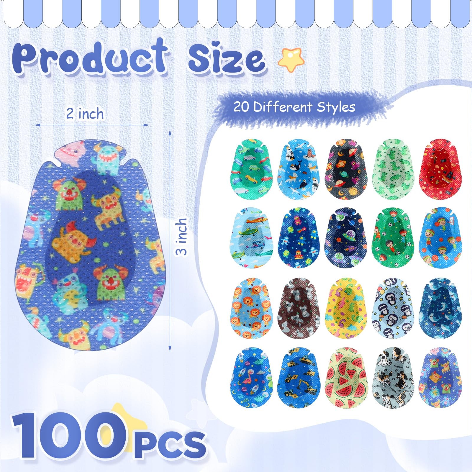 100 Pcs Adhesive Eye Patches for Kids Boys 20 Styles Breathable Boy Eye Patch...