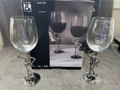 Place & Time Set Of 2 Halloween Skeleton Wine Glasses New In Box