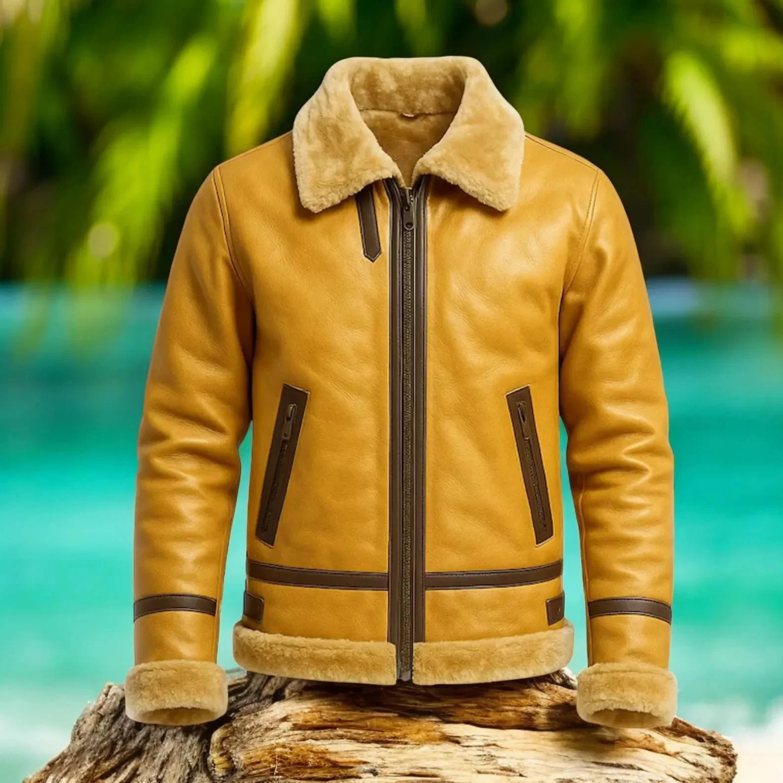 Men Brown Leather Winter Jacket Fur Collar Warm Biker Pilot Style Coat